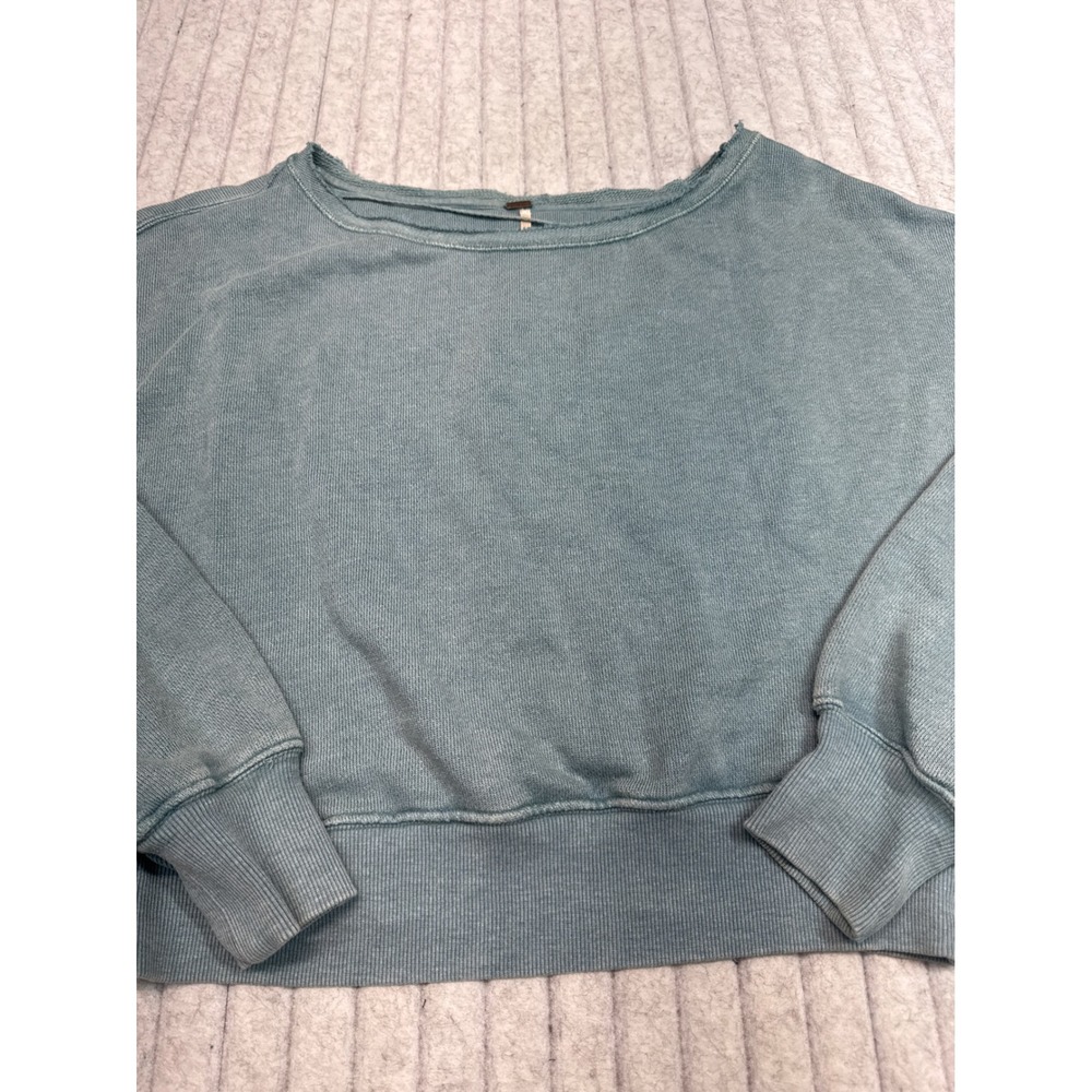 Free People Cropped Sweatshirt Faded Blue Green Raw Neck Pullover XS OB66170
